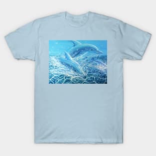 Dolphins Jumping Out Of Water Oil Painting T-Shirt